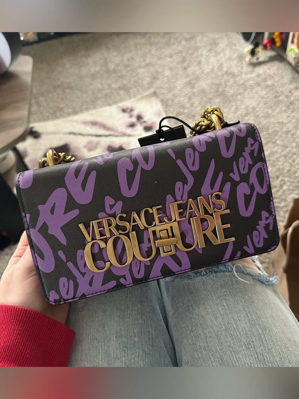 Versace Jeans Collection Black & Purple Logo Chain Shoulder Bag